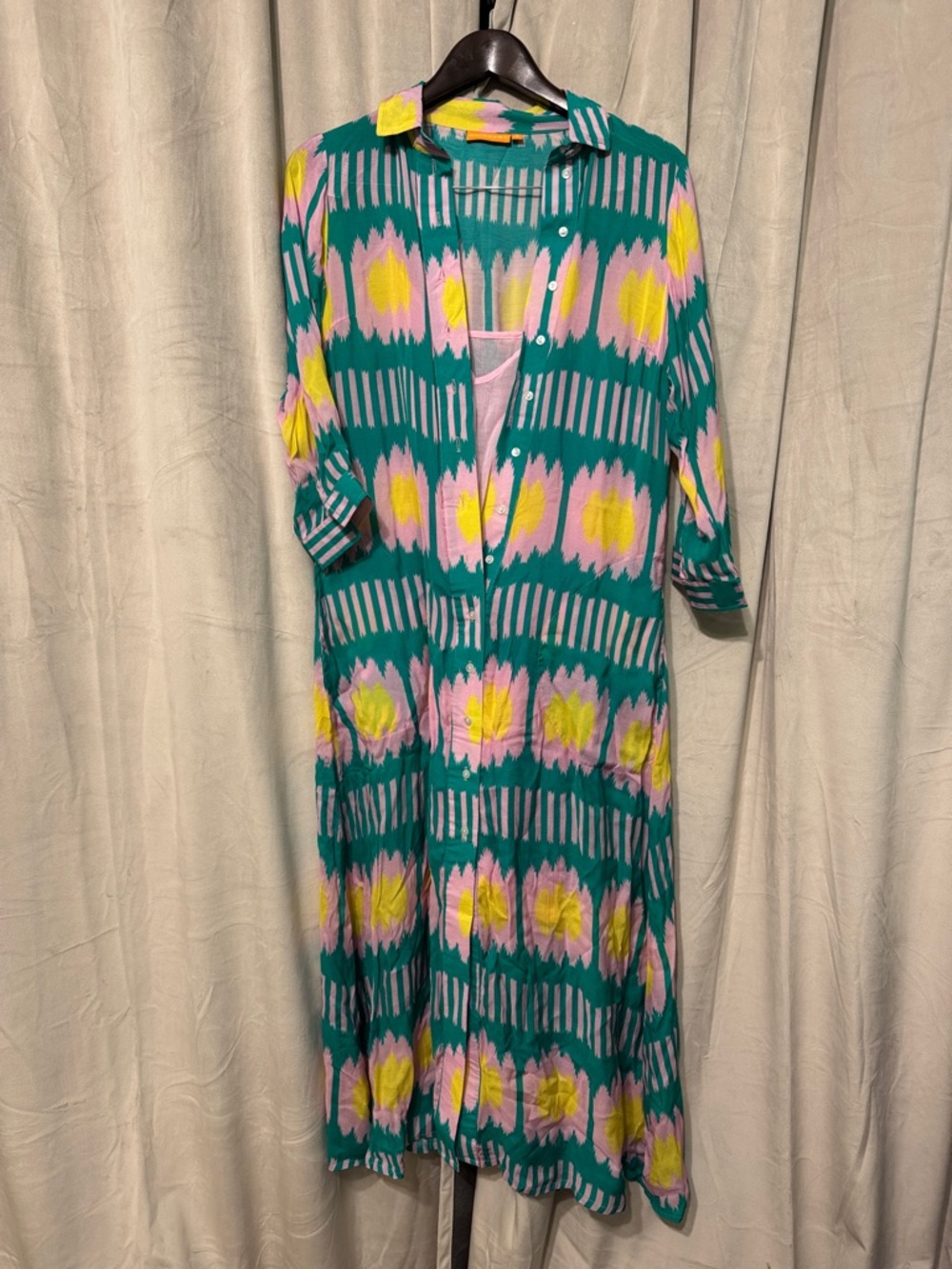 Oliphant Teal Floral Maxi Shirt Dress with Pink & Yellow Accents